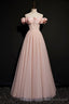 Pink Tulle Beaded Long A-Line Prom Dress, Pink Off the Shoulder Evening Dress