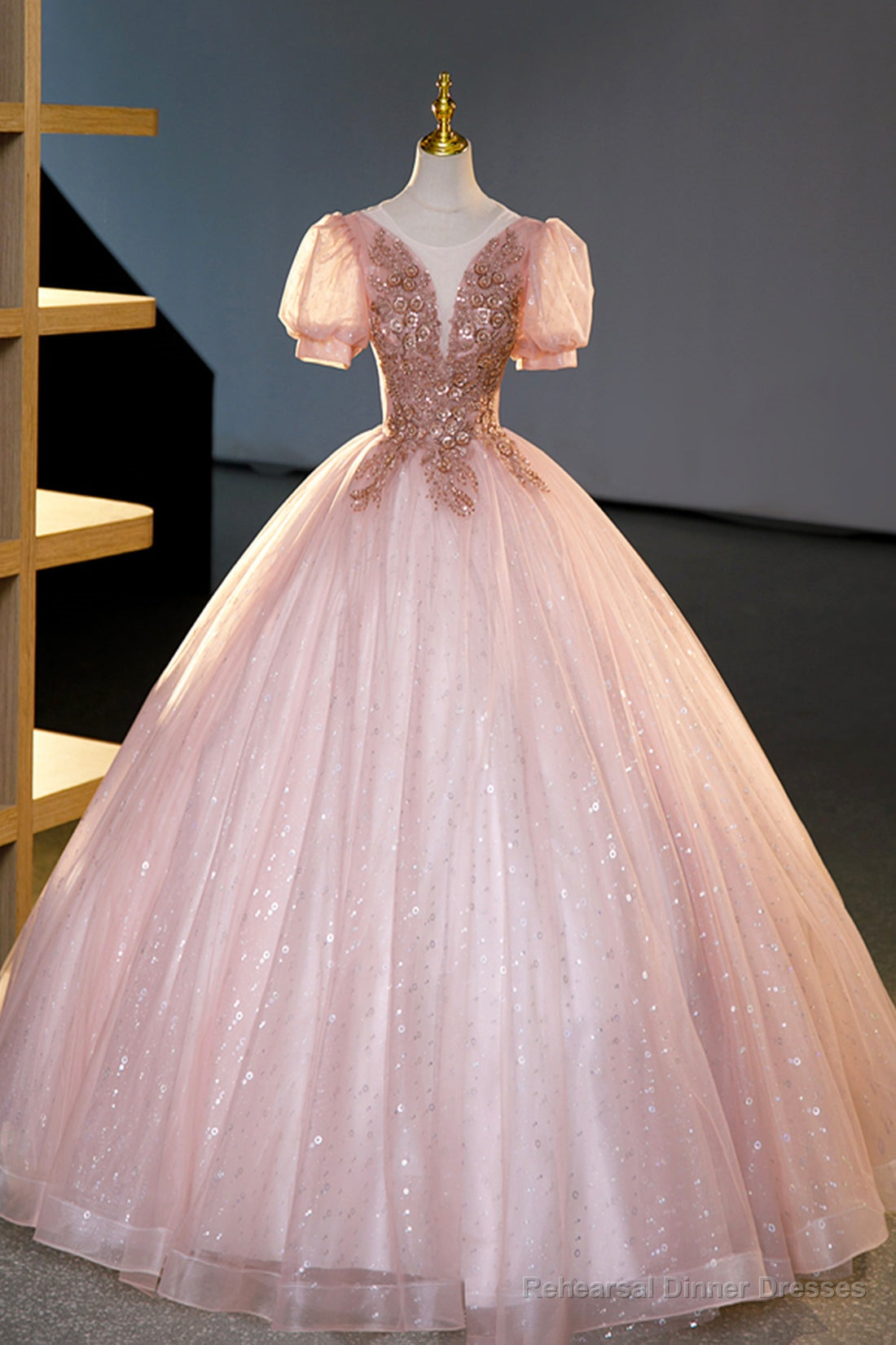 Pink Tulle Beaded Long Ball Gown, A-Line Prom Dress, Pink Sweet 16 Dress Main image