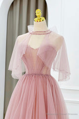 Pink Tulle Beaded Long Prom Dress, Lovely Pink Evening Dress