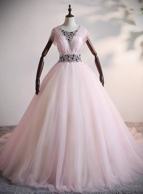Pink Tulle Beading Crystal Backless Quinceanera Dress Main image