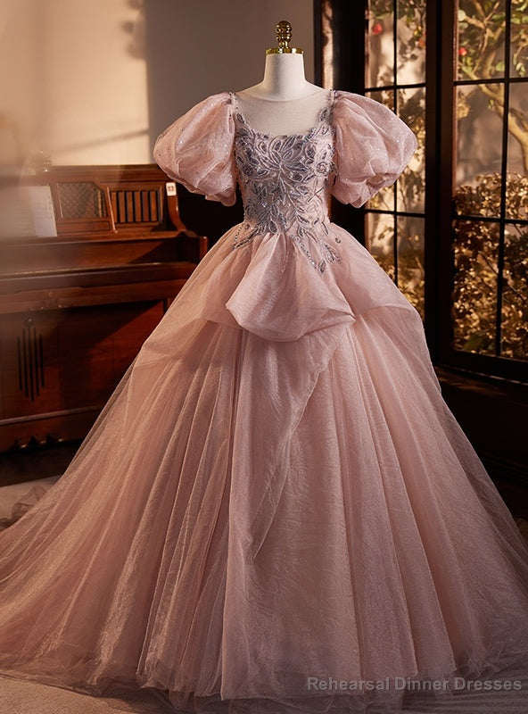 Pink Tulle Beading Puff Sleeve Quinceanera Dress Main image