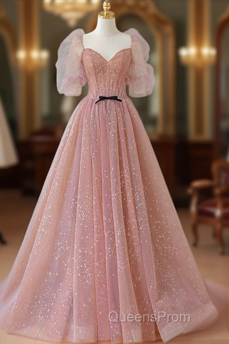 Pink Tulle Beautiful Puffy Sleeves Long Evening Prom Dress, Pink A-Line Evening Dress Main image