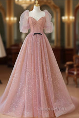 Pink Tulle Beautiful Puffy Sleeves Long Evening Prom Dress, Pink A-Line Evening Dress