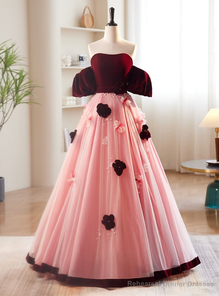 Pink Tulle Burgundy Velvet Sweetheart Prom Dress Main image