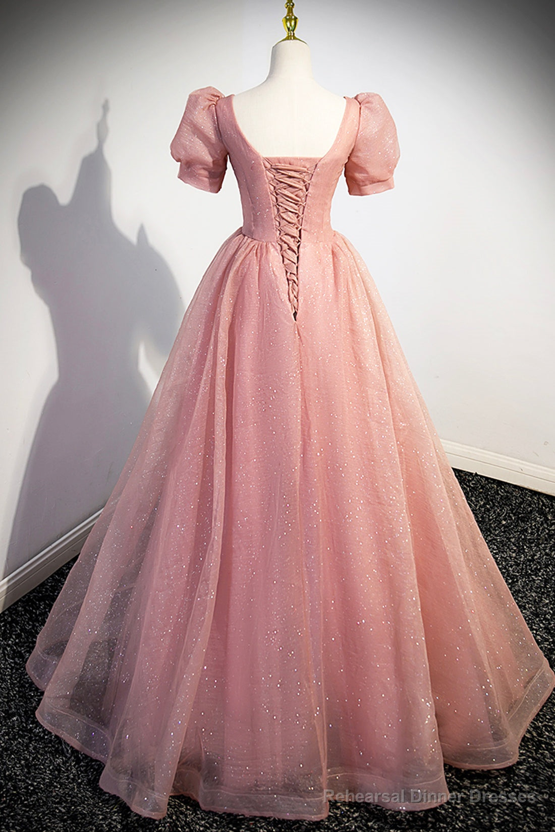 Pink Tulle Floor Length Prom Dress, Cute Short Sleeve Evening Dress Secondary image