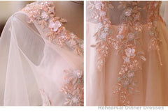 Pink Tulle Floral Applique Prom Dresses, Puff Sleeves Long Formal Dress