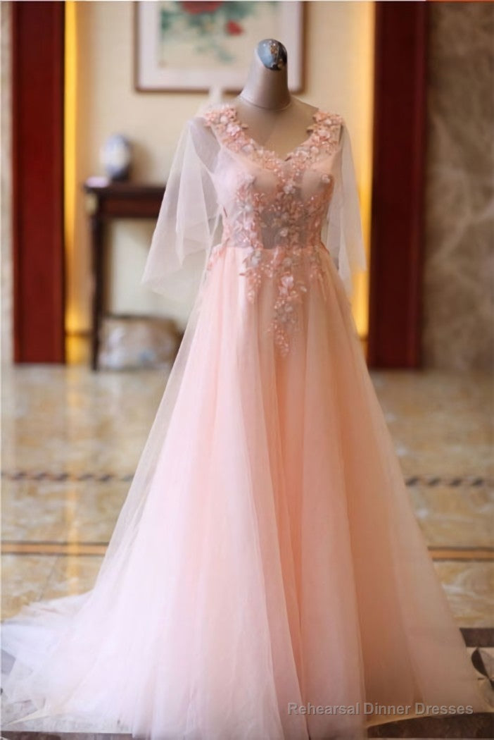 Pink Tulle Floral Applique Prom Dresses, Puff Sleeves Long Formal Dress Main image