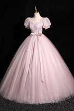 Pink Tulle Floral Floor Length Evening Prom Dress, A-Line Short Sleeve Evening Dress