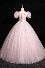 Pink Tulle Floral Floor Length Evening Prom Dress, A-Line Short Sleeve Evening Dress