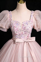 Pink Tulle Floral Floor Length Evening Prom Dress, A-Line Short Sleeve Evening Dress