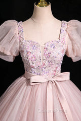 Pink Tulle Floral Floor Length Evening Prom Dress, A-Line Short Sleeve Evening Dress