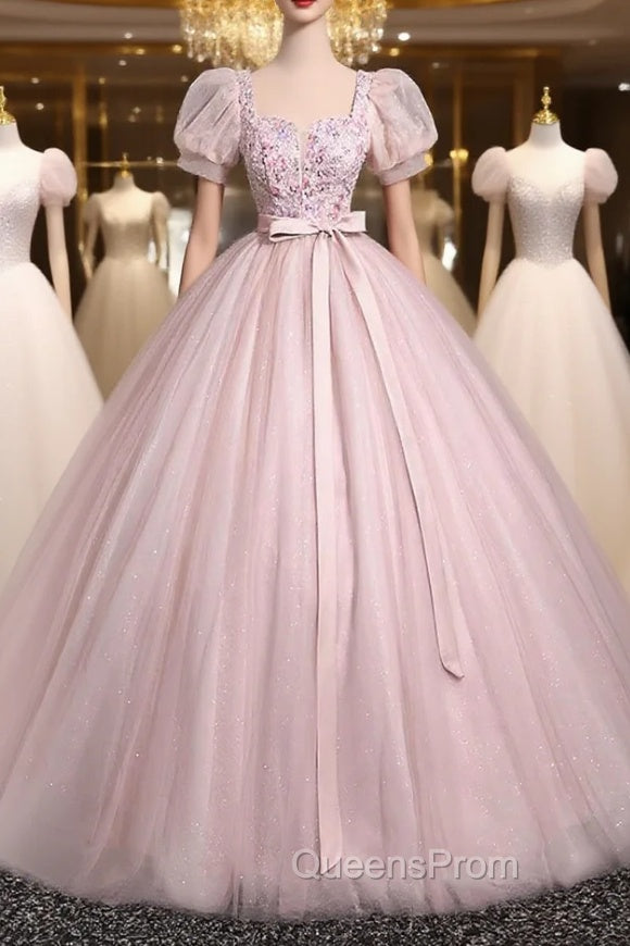 Pink Tulle Floral Floor Length Evening Prom Dress, A-Line Short Sleeve Evening Dress Main image