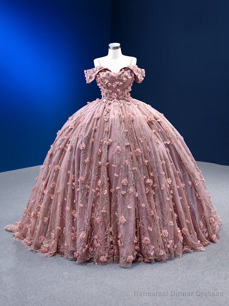 Pink Tulle Flower Sequins Prom Dress Main image
