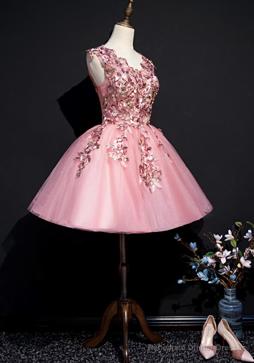 Pink Tulle Flowers Homecoming Dress, Short Pink Teen Formal Dress Main image