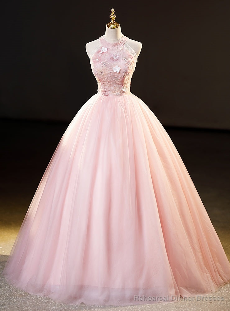 Pink Tulle Halter Flower Beading Quinceanera Dress Main image