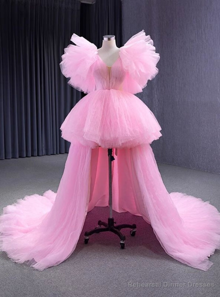 Pink Tulle  V-neck Pleats Prom Dress Main image