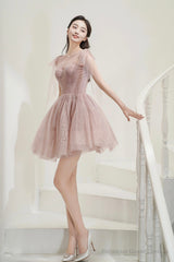 Pink Tulle Knee Length Prom Dress, Cute A-Line Party Dress