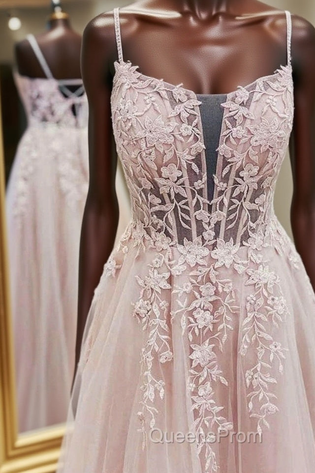 Pink tulle lace A line long Evening Prom Dress, pink lace evening Dress Main image