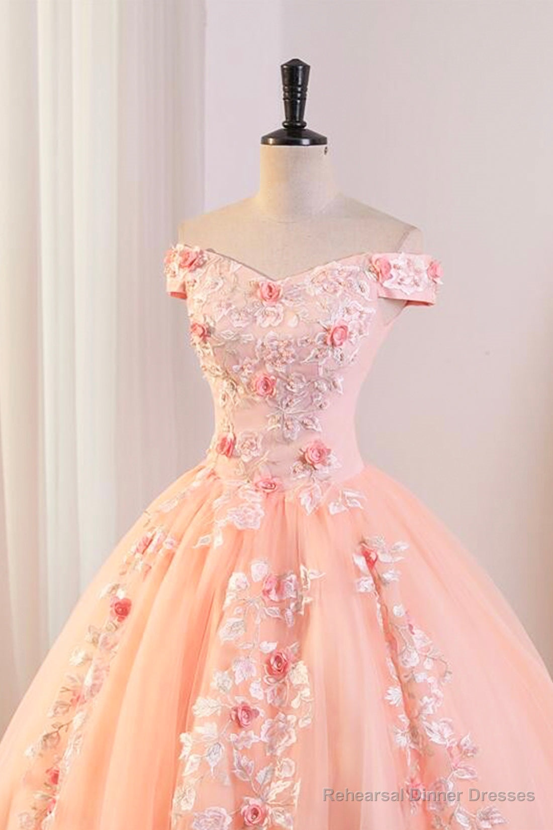 Pink Tulle Lace and Flowers Ball Gown Formal Dresses, Pink Long Sweet 16 Dresses