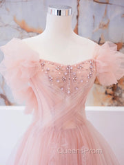 Pink Tulle Lace Beads Long Evening Prom Dress, Pink A Line Evening Dress