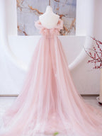 Pink Tulle Lace Beads Long Classy Prom Dress, Pink A Line Classy Evening Dress