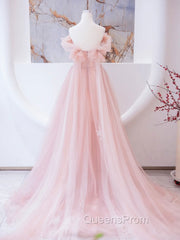 Pink Tulle Lace Beads Long Evening Prom Dress, Pink A Line Evening Dress