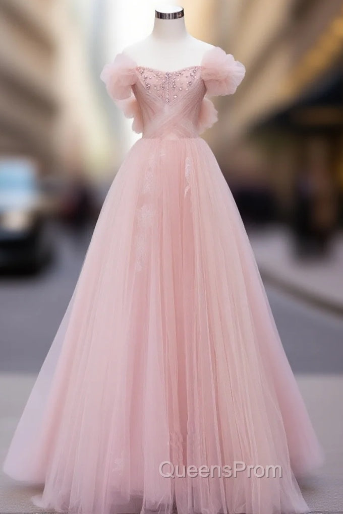 Pink Tulle Lace Beads Long Evening Prom Dress, Pink A Line Evening Dress Main image