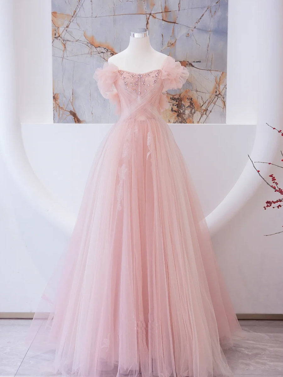 Pink Tulle Lace Beads Long Classy Prom Dress, Pink A Line Classy Evening Dress Main image