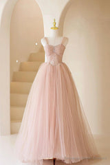 Pink Tulle Lace Long Formal Dress, Beautiful A-Line Off Shoulder Pink Prom Dress