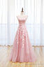 Pink Tulle Lace Long Prom Dress, Lovely A-Line Open Back Evening Dress