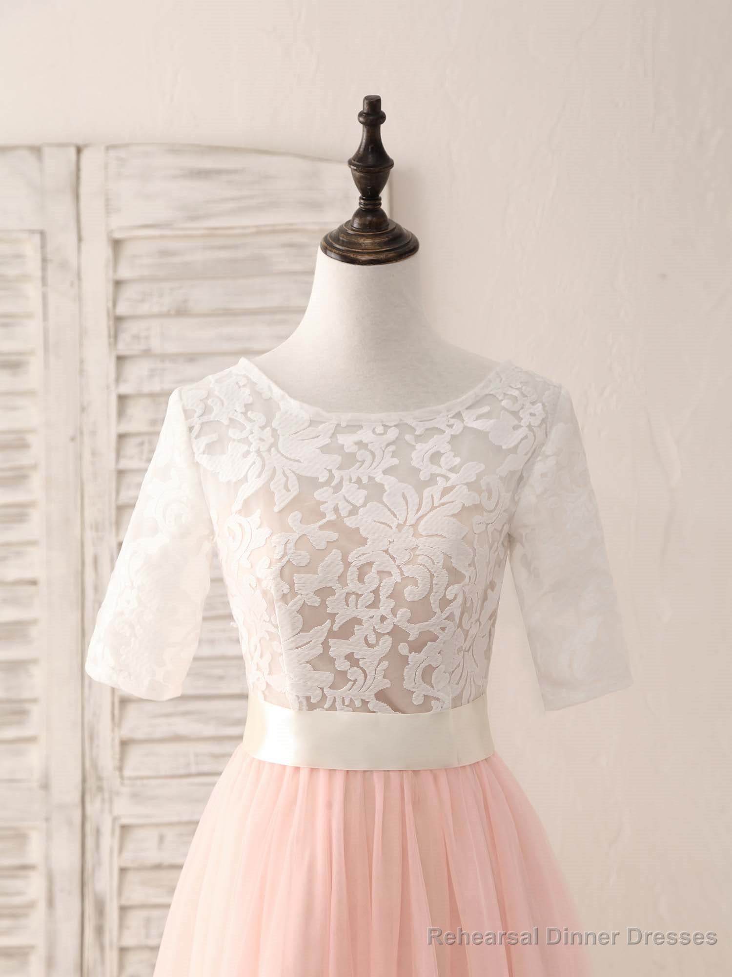 Pink Tulle Lace Long Prom Dress Pink Bridesmaid Dress
