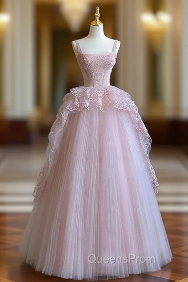 Pink tulle lace long Evening Prom Dress, pink evening Dress Main image
