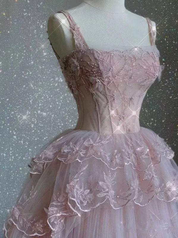 Pink Tulle Lace Long Classy Prom Dress, Pink Classy Evening Dress Secondary image