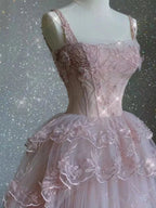 Pink Tulle Lace Long Classy Prom Dress, Pink Classy Evening Dress