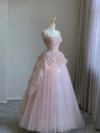 Pink Tulle Lace Long Classy Prom Dress, Pink Classy Evening Dress