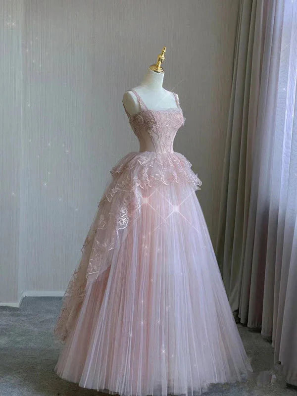 Pink Tulle Lace Long Classy Prom Dress, Pink Classy Evening Dress