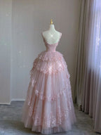 Pink Tulle Lace Long Classy Prom Dress, Pink Classy Evening Dress