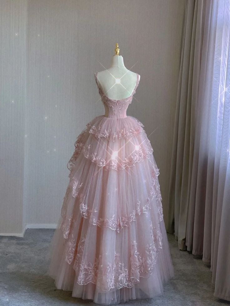 Pink Tulle Lace Long Classy Prom Dress, Pink Classy Evening Dress
