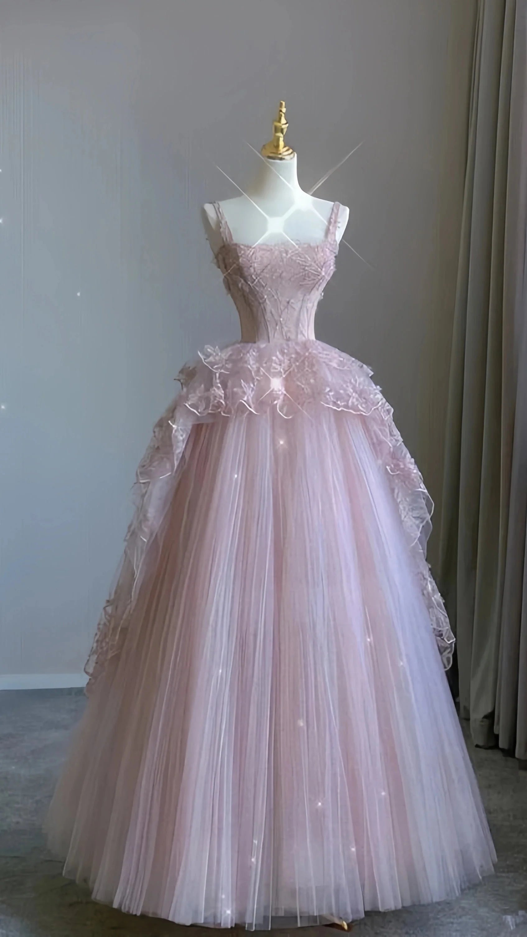 Pink Tulle Lace Long Classy Prom Dress, Pink Classy Evening Dress Birthday Dress Main image