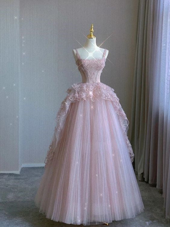 Pink Tulle Lace Long Classy Prom Dress, Pink Classy Evening Dress Main image