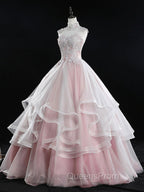 Pink Tulle Lace Long Evening Prom Dress, Pink Sweet 16 Dress