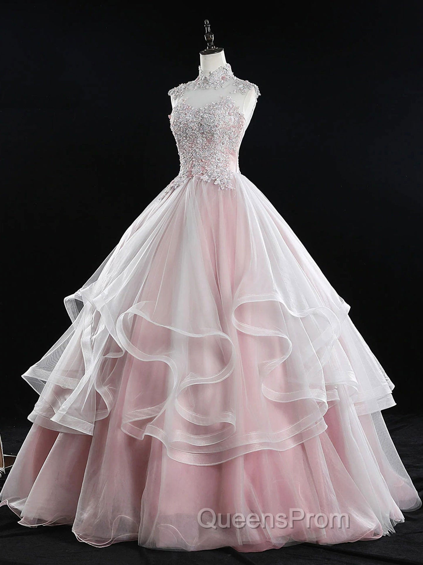 Pink Tulle Lace Long Evening Prom Dress, Pink Sweet 16 Dress