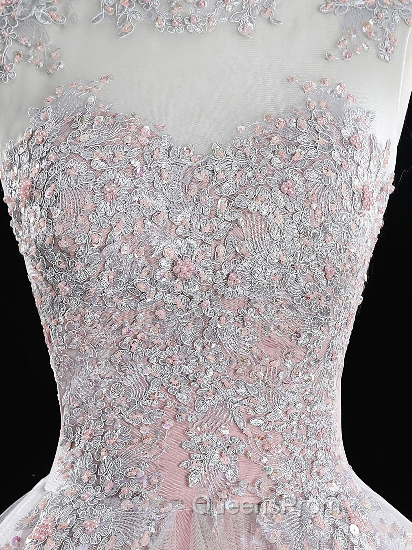 Pink Tulle Lace Long Evening Prom Dress, Pink Sweet 16 Dress