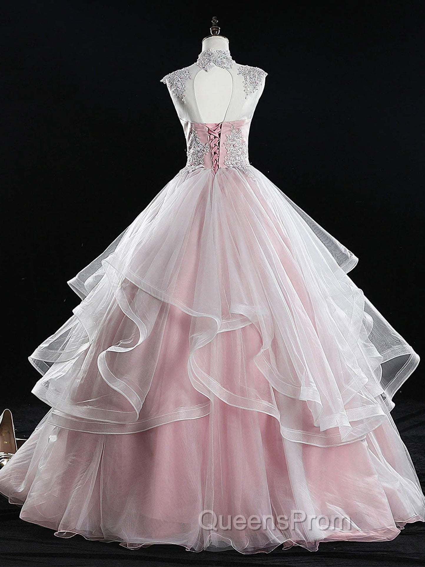 Pink Tulle Lace Long Evening Prom Dress, Pink Sweet 16 Dress