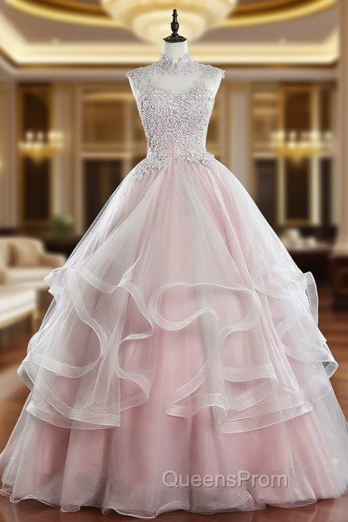 Pink Tulle Lace Long Evening Prom Dress, Pink Sweet 16 Dress Main image