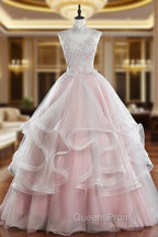 Pink Tulle Lace Long Evening Prom Dress, Pink Sweet 16 Dress