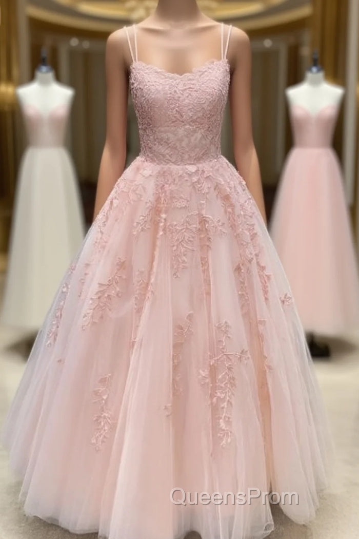 Pink Tulle Lace Long Evening Prom Dress, Pink Tulle Lace Evening Dress Main image