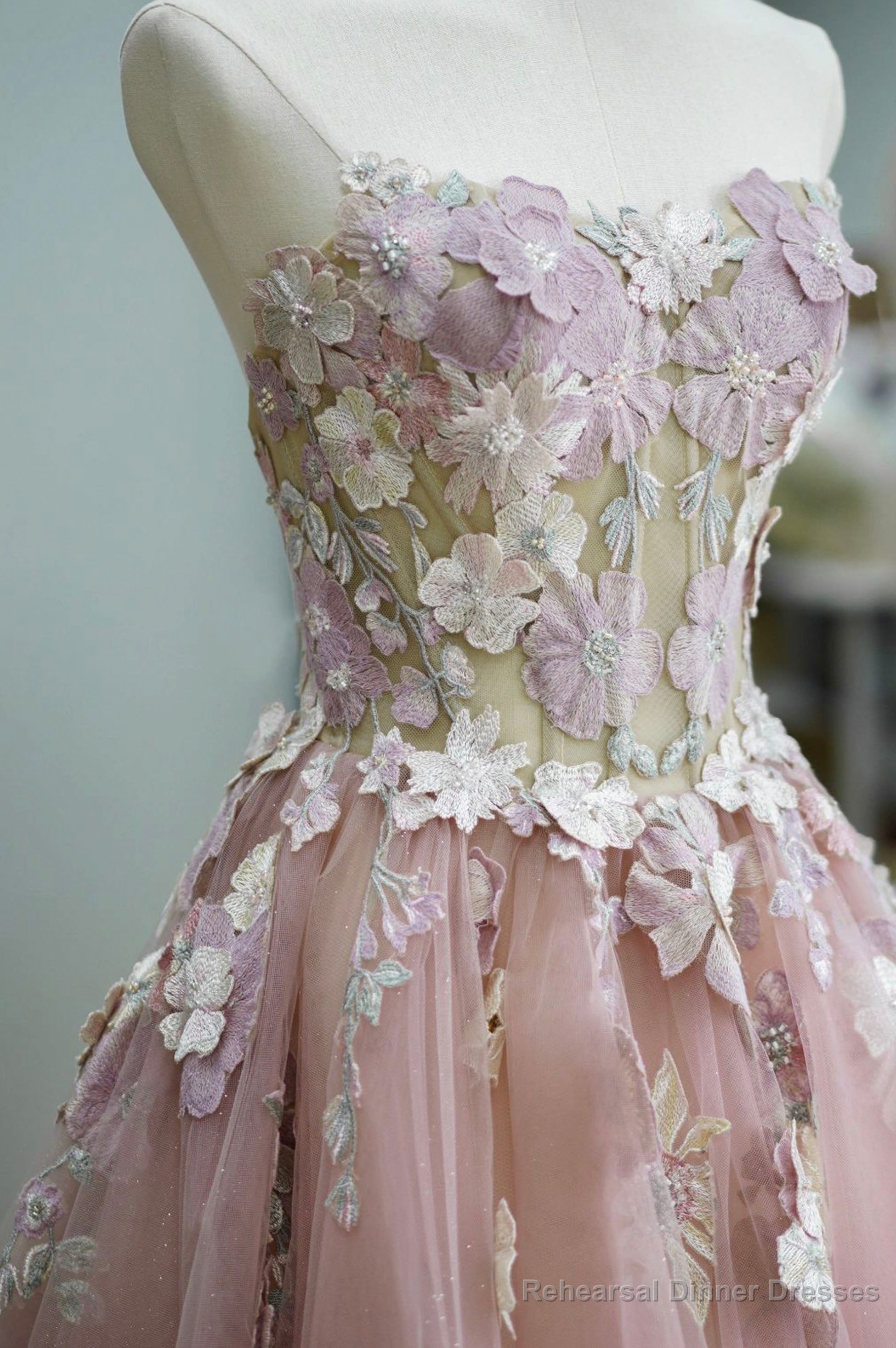 Pink Tulle Lace Long Prom Dress, Strapless A-Line Evening Graduation Dress Secondary image