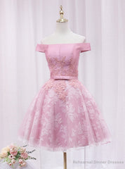 Pink Tulle Lace Off the Shoulder Appliques Homecoming Dress
