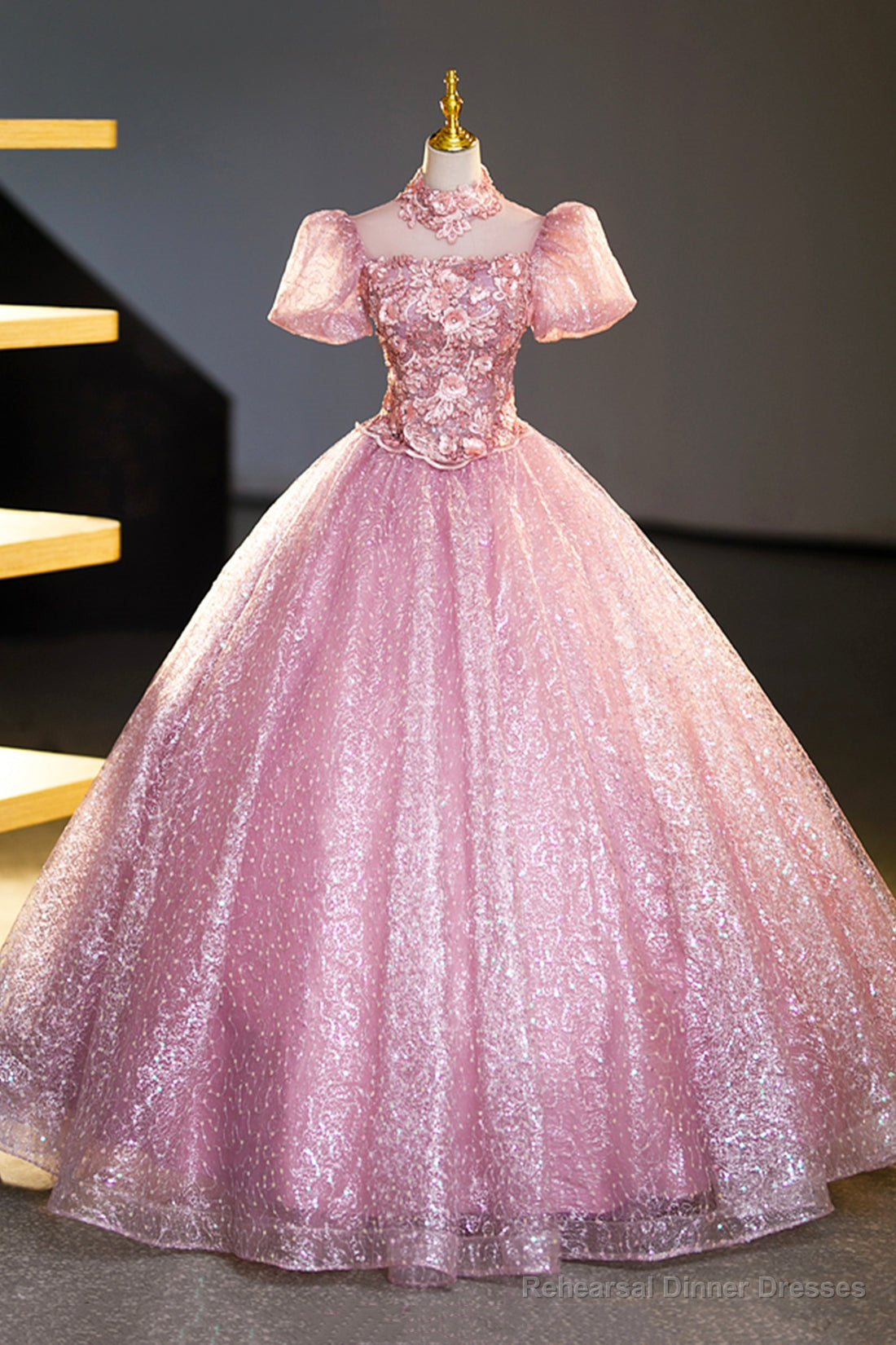 Pink Tulle Lace Princess Dress, A-Line Evening Dress Sweet 16 Dress Secondary image
